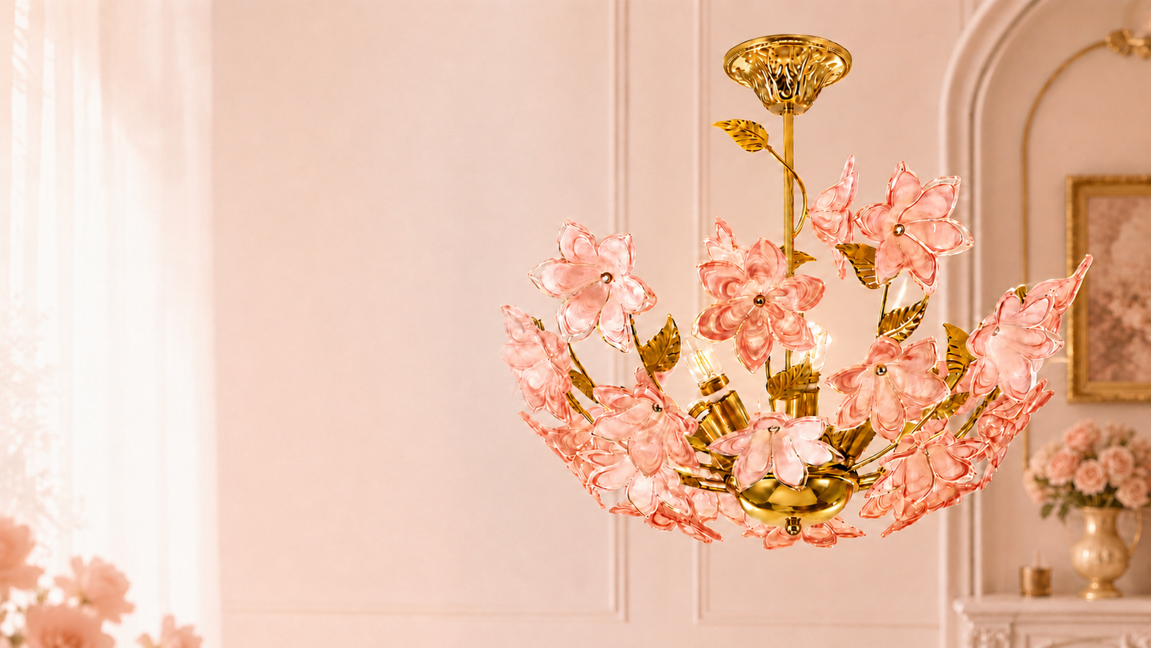 Pink glass flower chandelier desktop hero without embedded text