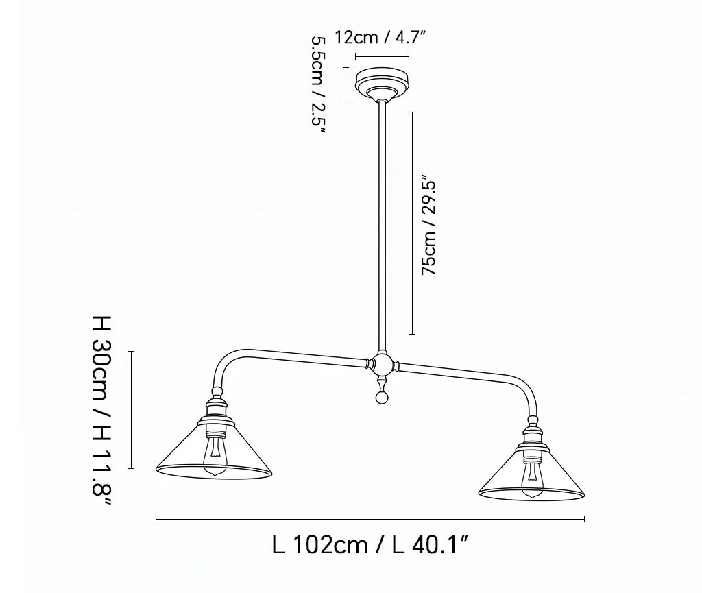 Harlowe two-light alabaster pendant technical dimension drawing with length, width and height.