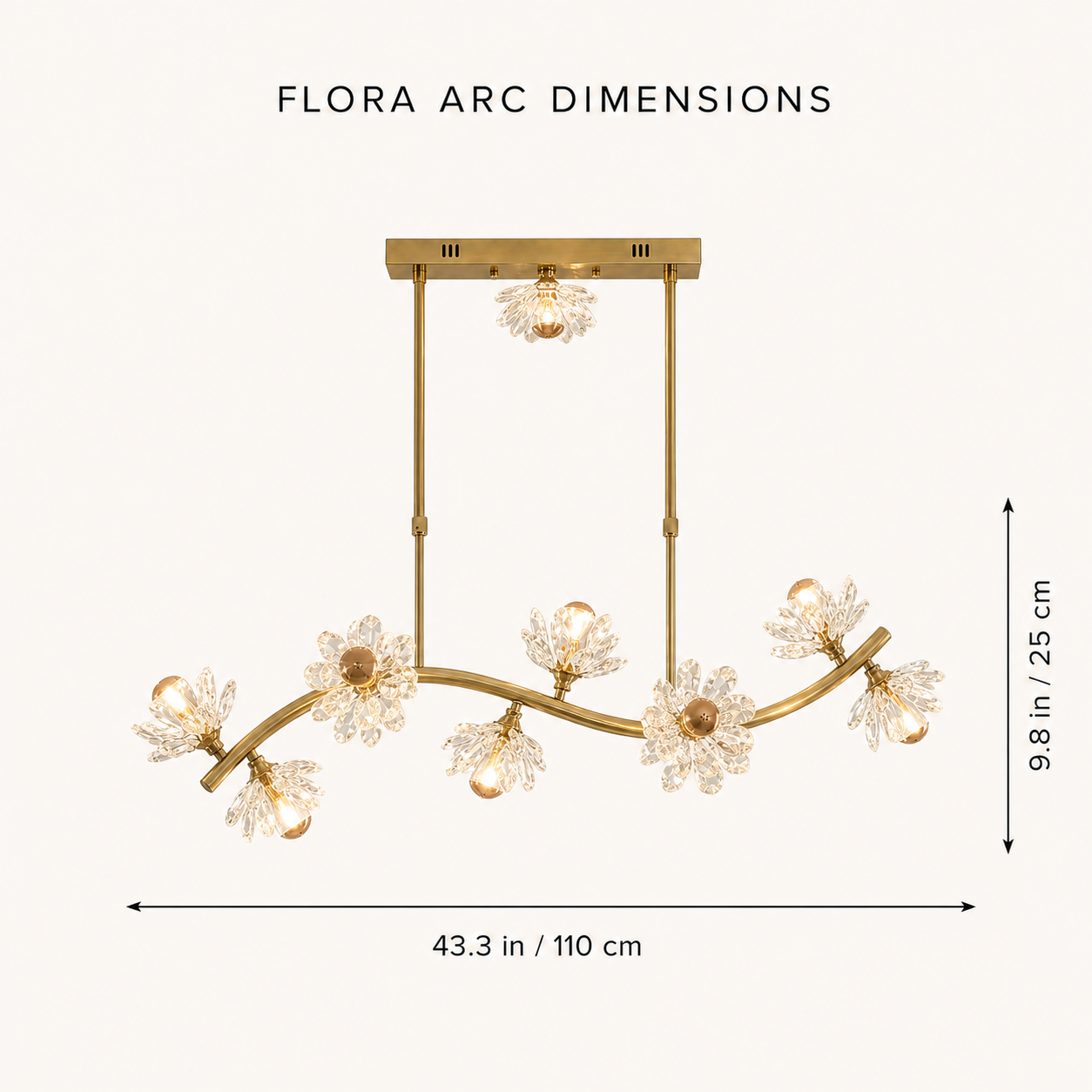 Flora Arc chandelier dimensions: 43.3 inches by 9.8 inches (110 cm by 25 cm)