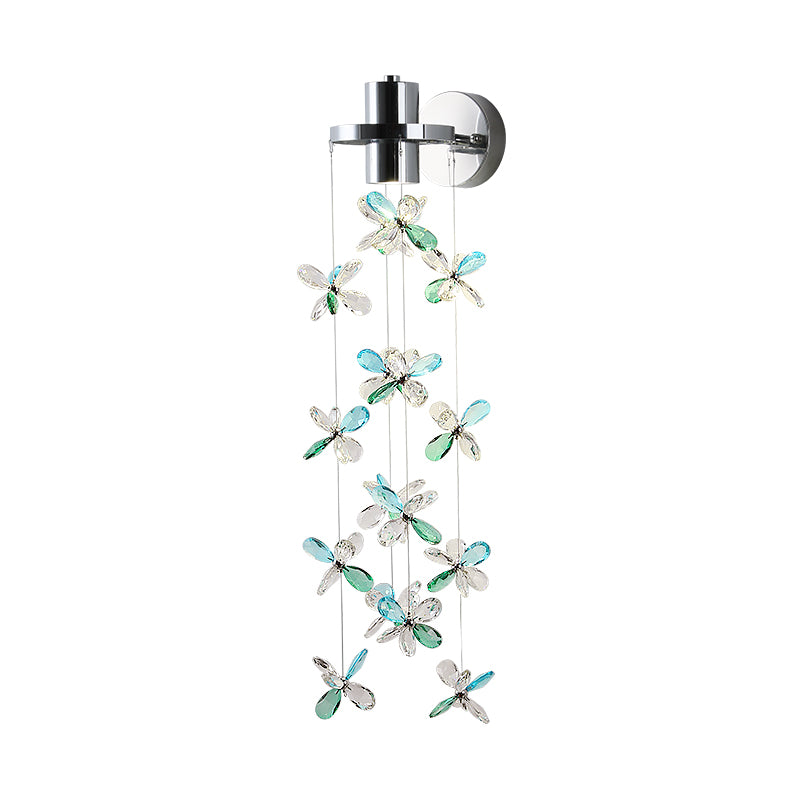 Modern Crystal Butterfly Wall Sconce - Chrome Raindrop Wall Lamp with Blue & Green Accents (Width 20cm)