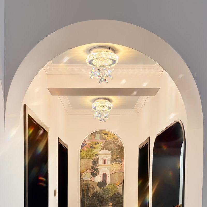 20cm Modern Crystal Ceiling Light with Butterfly Pendants - Stainless Steel Flush Mount for Hallway & Aisle