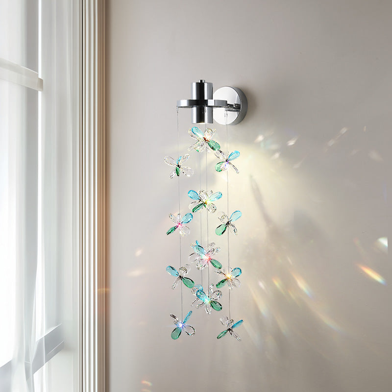 Modern Crystal Butterfly Wall Sconce - Chrome Raindrop Wall Lamp with Blue & Green Accents (Width 20cm)