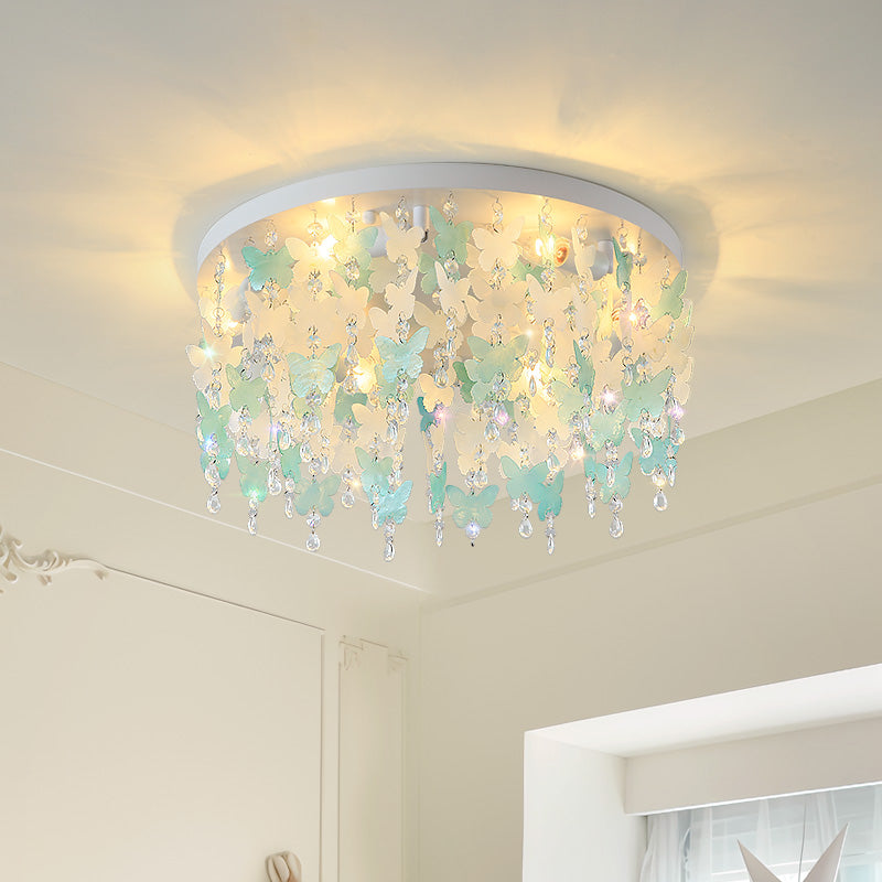 50cm Aqua Blue Butterfly Shell Flush Mount | Crystal & Capiz Ceiling Light for Nursery & Kids Room