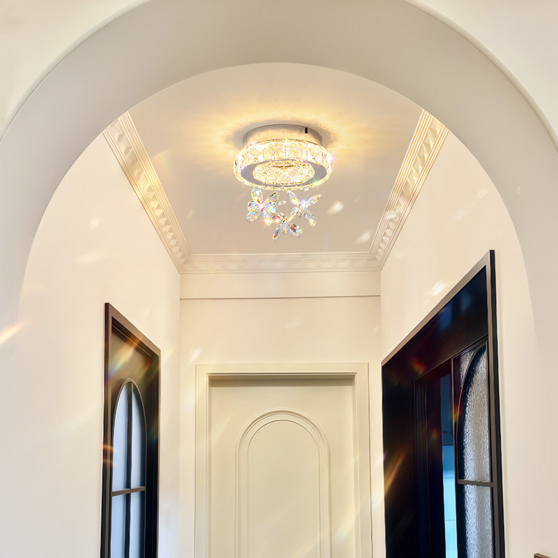 20cm Modern Crystal Ceiling Light with Butterfly Pendants - Stainless Steel Flush Mount for Hallway & Aisle