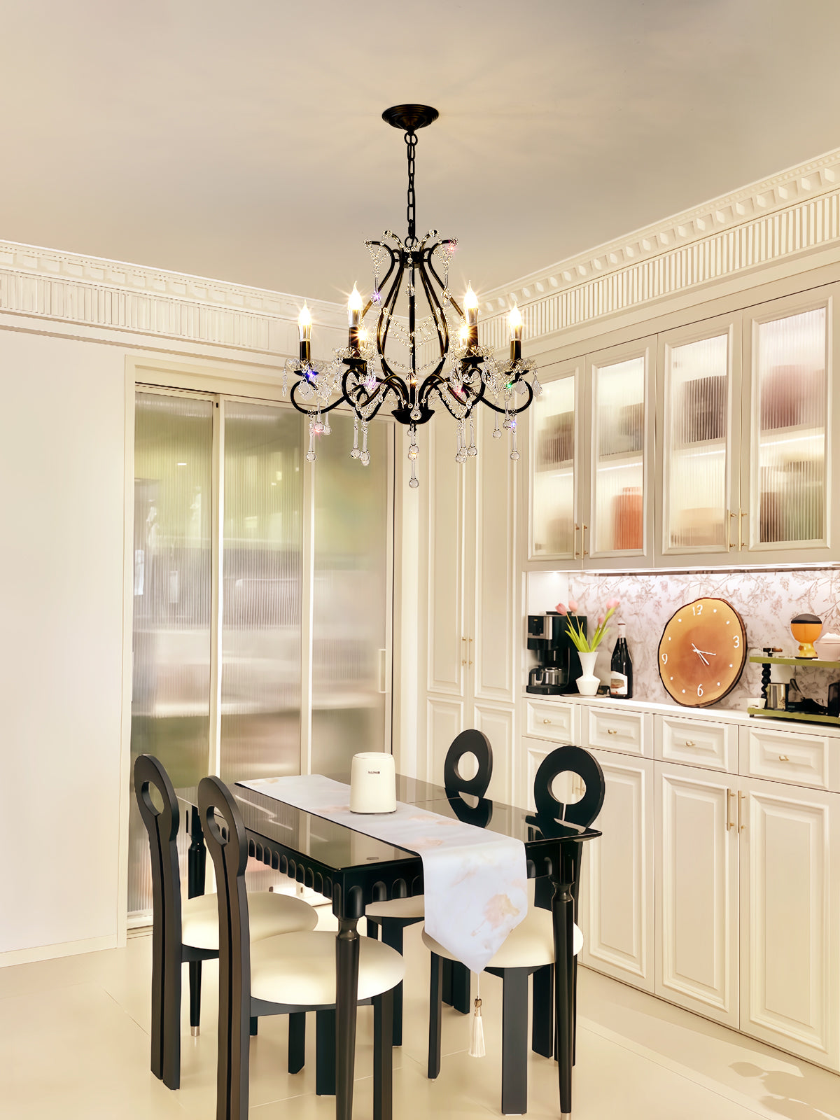 80cm Black Iron Crystal Chandelier - 8-Light French Country Farmhouse Pendant for Dining Room