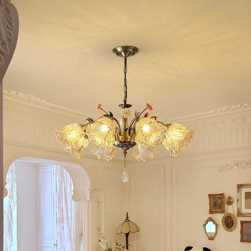 80cm Vintage French Country Chandelier - 8-Light Iron Art Fixture with Ceramic Roses & Amber Glass Shades