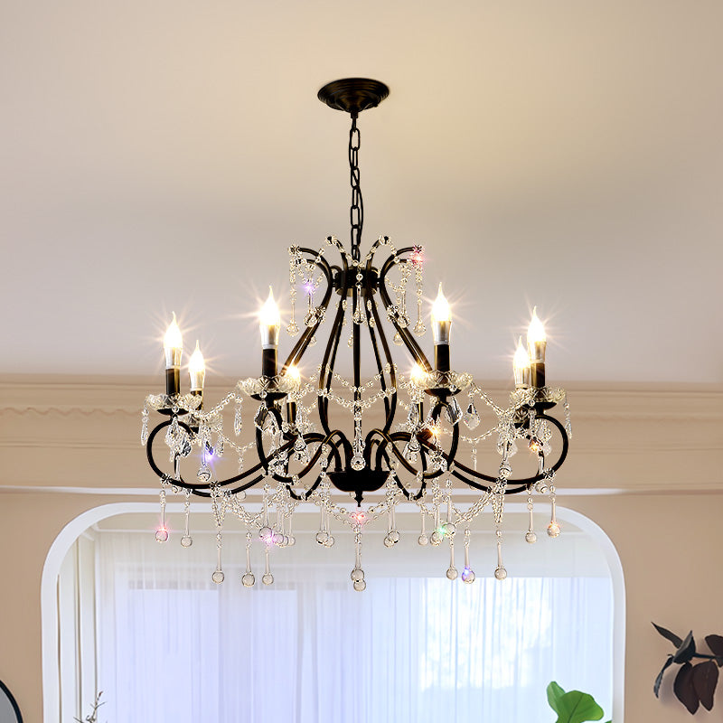 80cm Black Iron Crystal Chandelier - 8-Light French Country Farmhouse Pendant for Dining Room