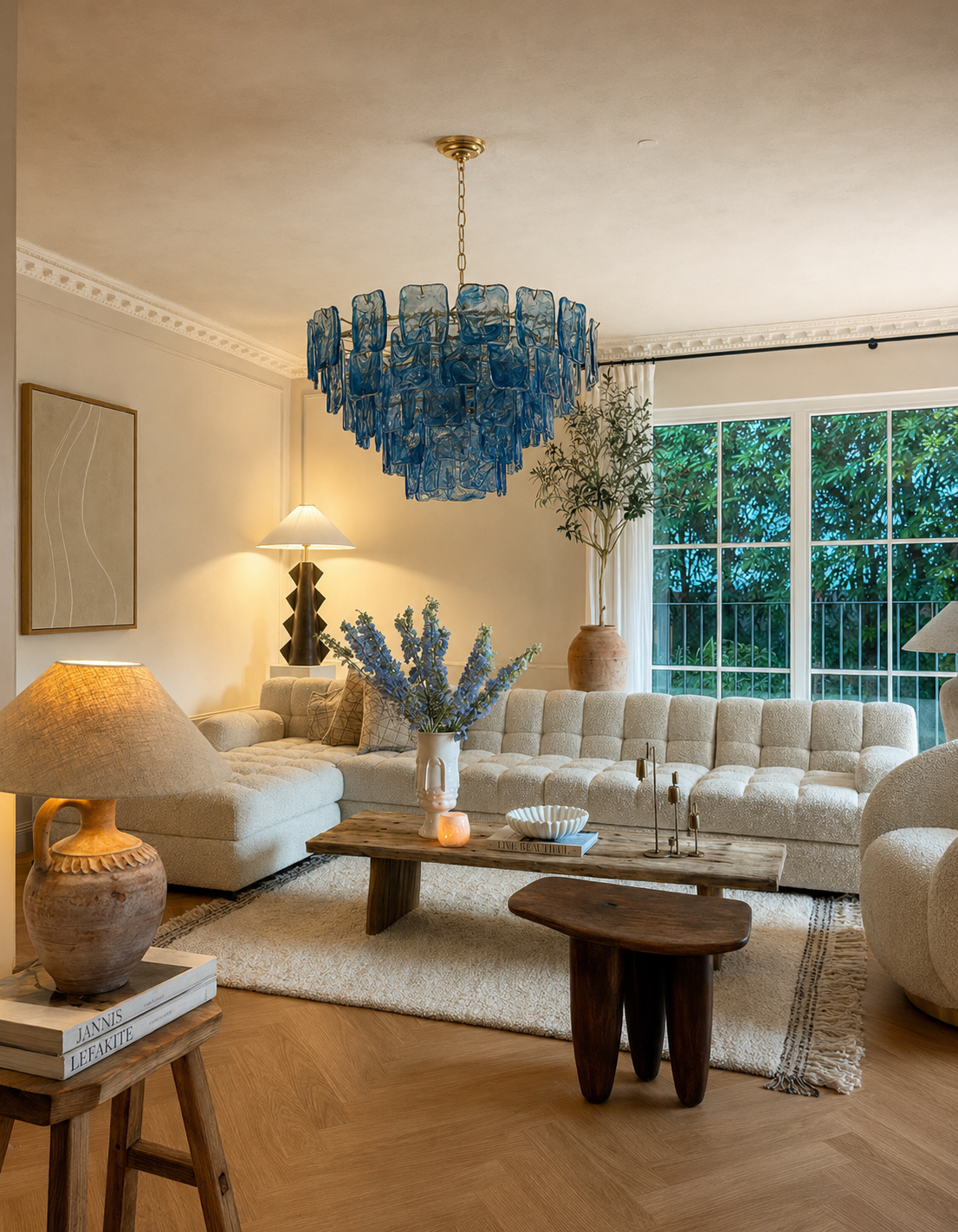 Blue Aureate Cascade Murano-style glass chandelier in a living room