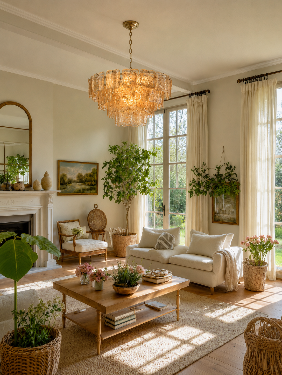 Aureate Cascade amber Murano-style glass chandelier in a living room