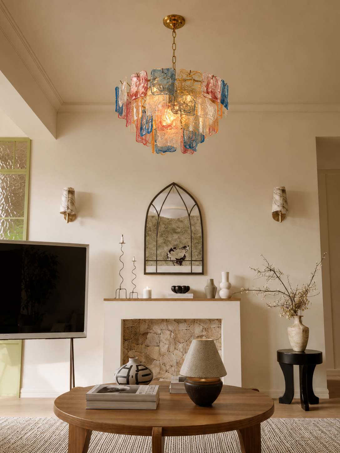Aureate Cascade colorful Murano-style glass chandelier in a living room