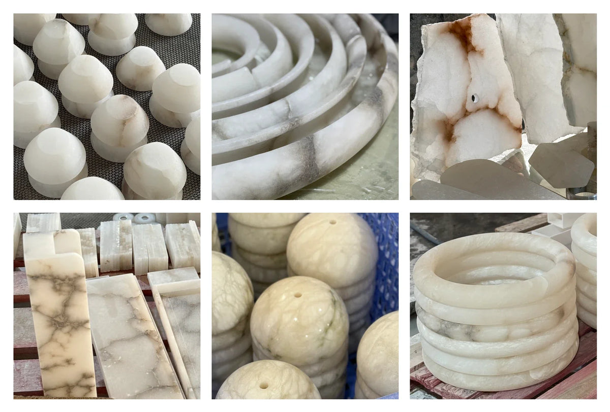 Natural alabaster blocks and pieces in the supplier reference, each with its own veining — original size or stone reference.