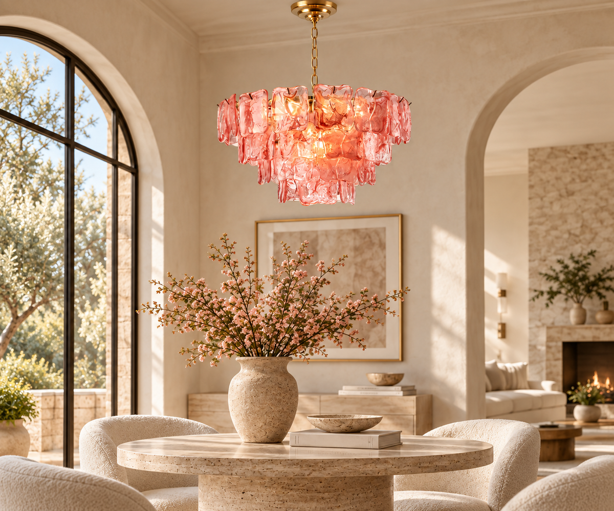 Aureate Cascade pink glass chandelier in a travertine dining room