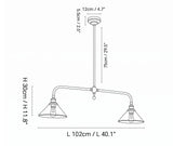 Harlowe two-light alabaster pendant technical dimension drawing with length, width and height.
