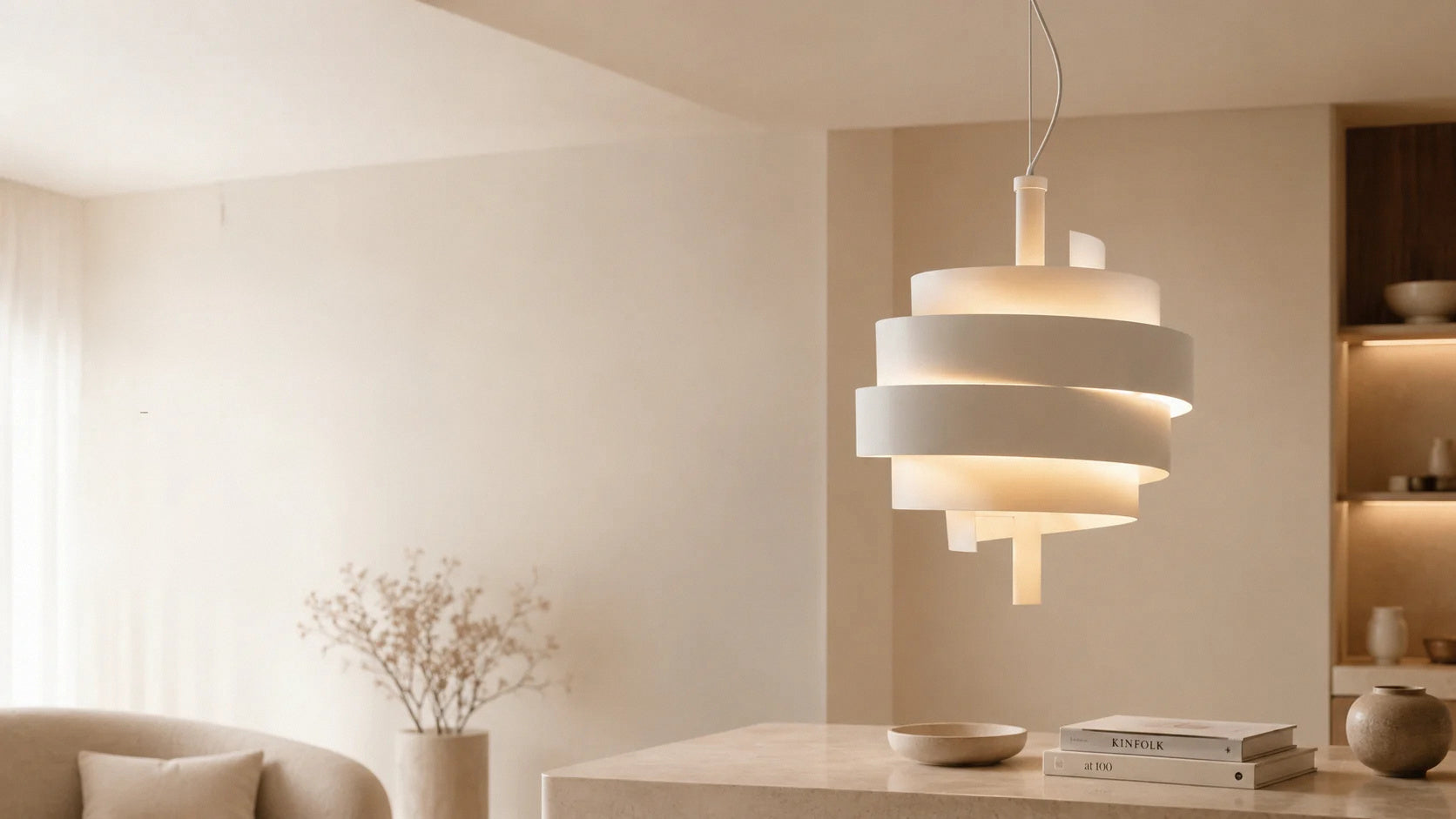 Spiral pendant lamp in a warm minimalist living room