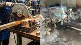 Metalworkers cutting and sculpting brass lighting parts in an industrial workshop. General material reference; not this product configuration.