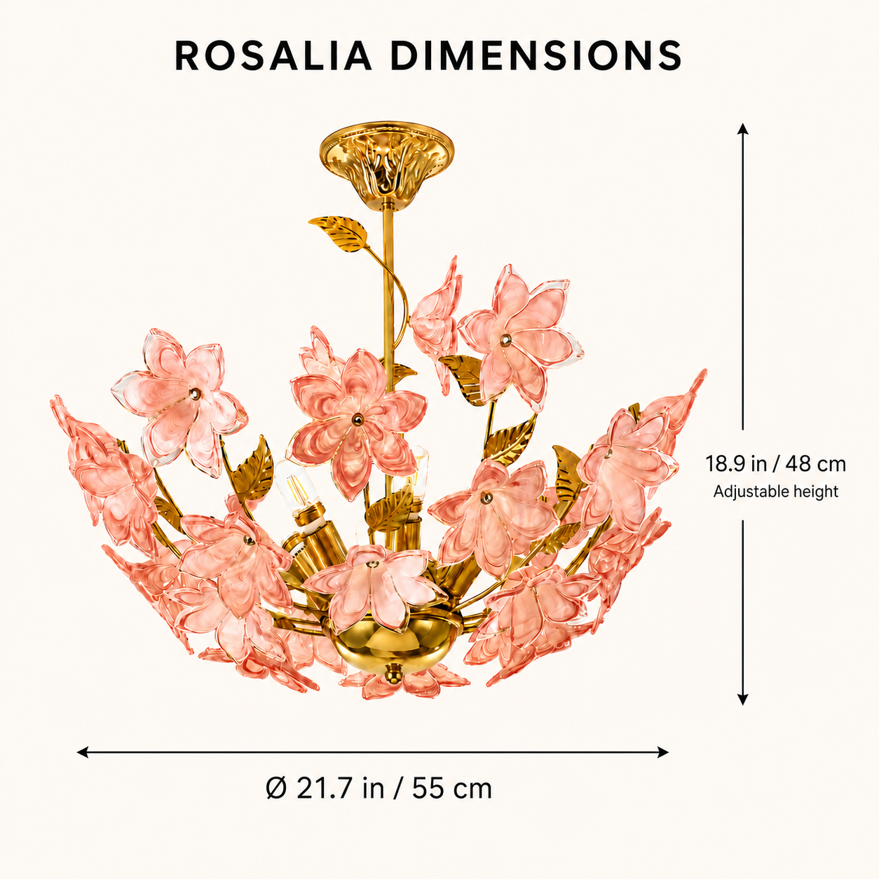 Rosalia chandelier dimensions: 21.7 inches (55 cm) diameter and 18.9 inches (48 cm) adjustable height