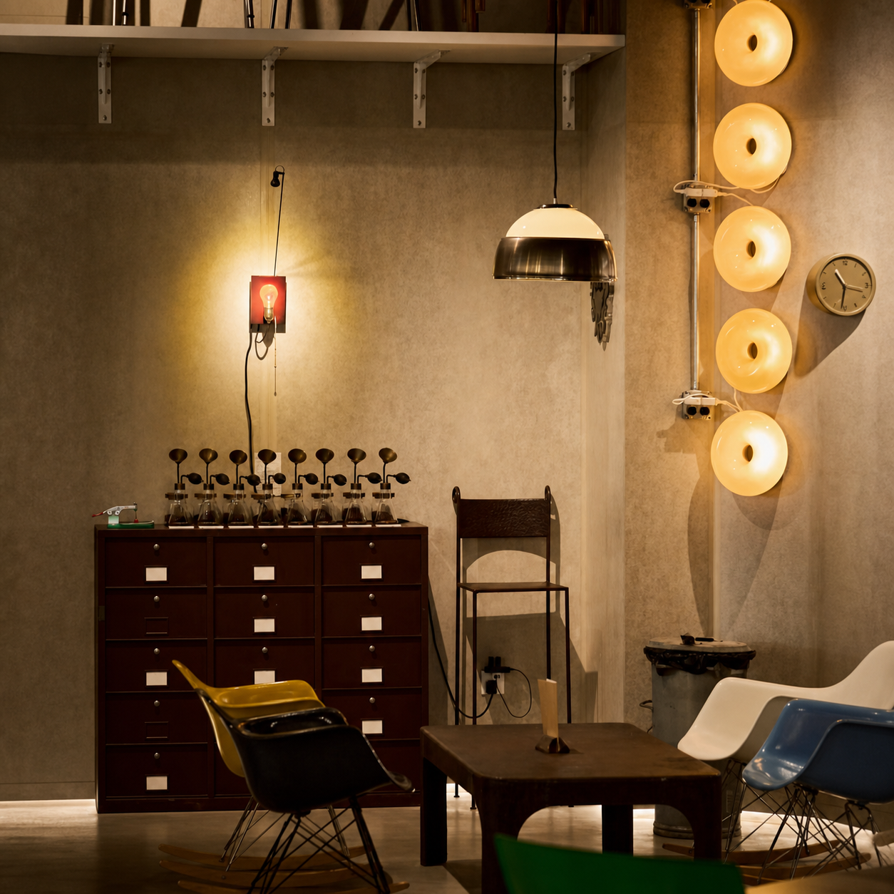 Warm AXNINE LIGHT studio interior with illuminated wall and pendant lights