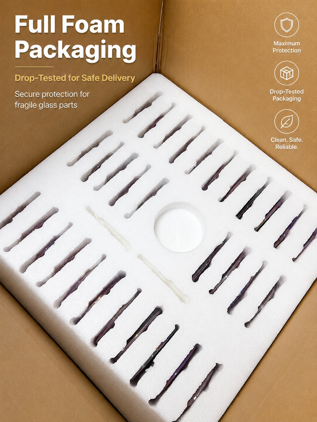 Full-foam protective packaging for fragile chandelier glass parts